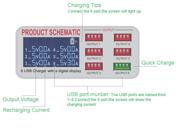 WLX-899 Σταθμός Φόρτισης USB 6 Θέσεων με Οθόνη Ενδείξεων LCD