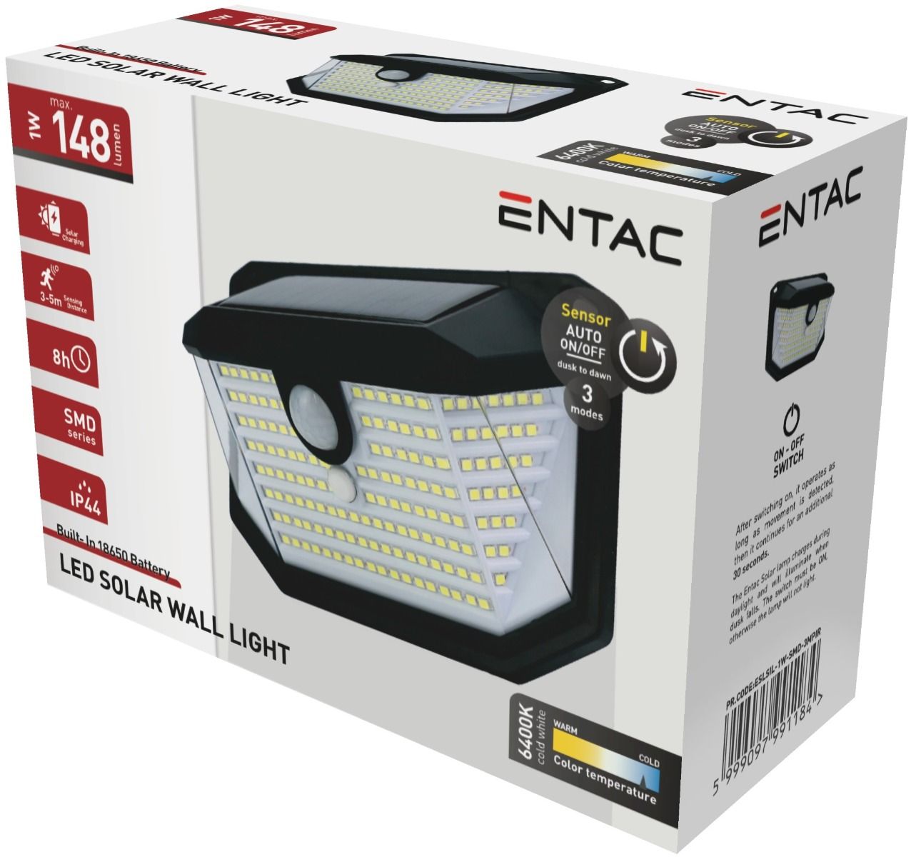 Entac Ηλιακός Προβολέας Τοίχου 1W SMD 3 modes Φωτοκύτταρο